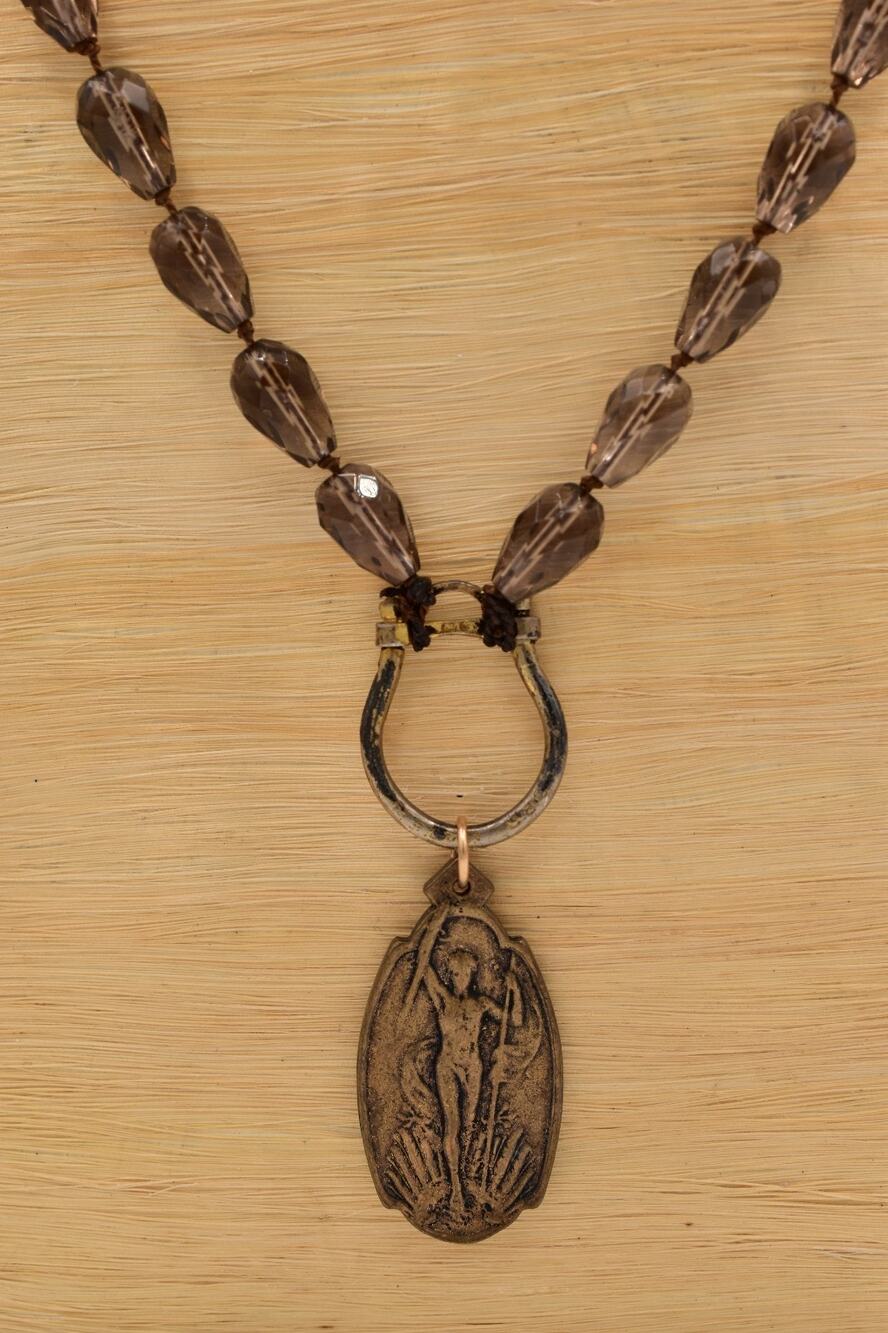 Vintage Schaerbeek Belgium Medal Necklace Smoky Crystal Beaded Pendant BinBC